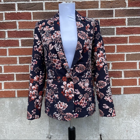 Ann Taylor Jacquard Navy and Pink Blazer Size 2 - Picture 2 of 14